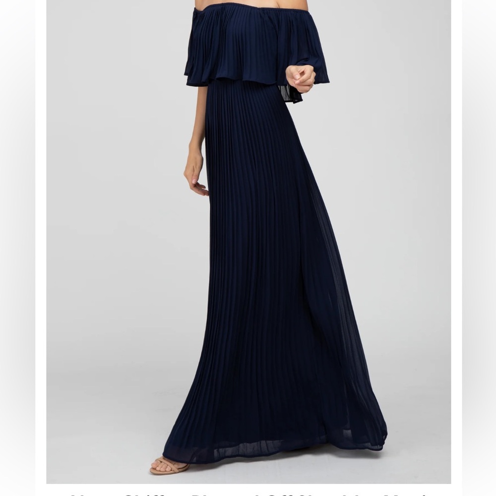 Pink Blush Navy Chiffon Pleated Off Shoulder Maxi Dress